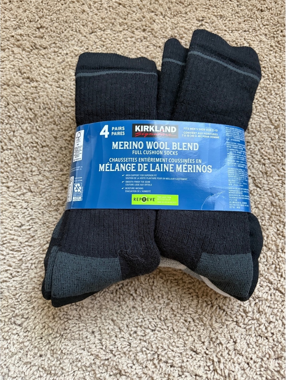 NWT Kirkland Signature Men Merino Wool Blend Socks 4 pairs full cushion